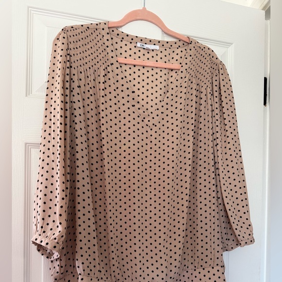 DR2 Tops - DR2 Blush Polka Dot V-Neck Blouse